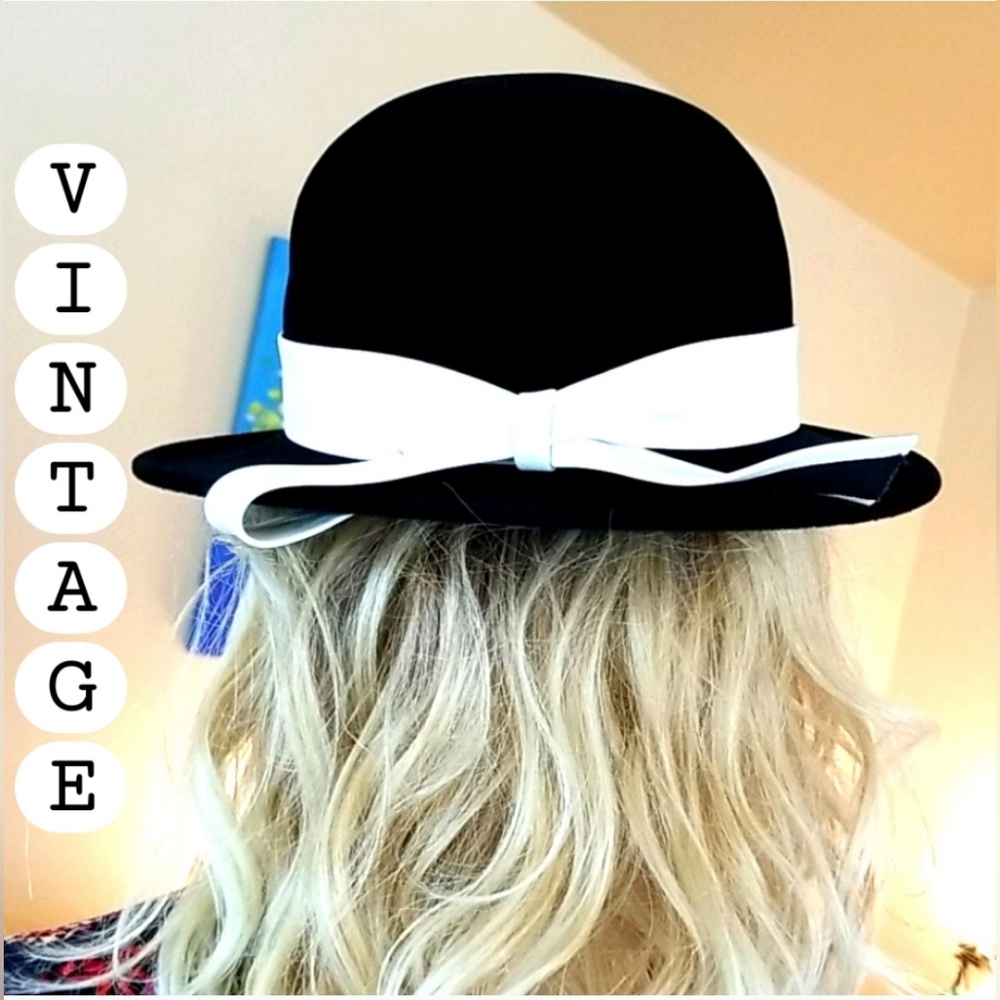 60's MR. JOHN Famous Hatmaker Classic Wool Bowler Derby Black Velvet Bow Hat NVC